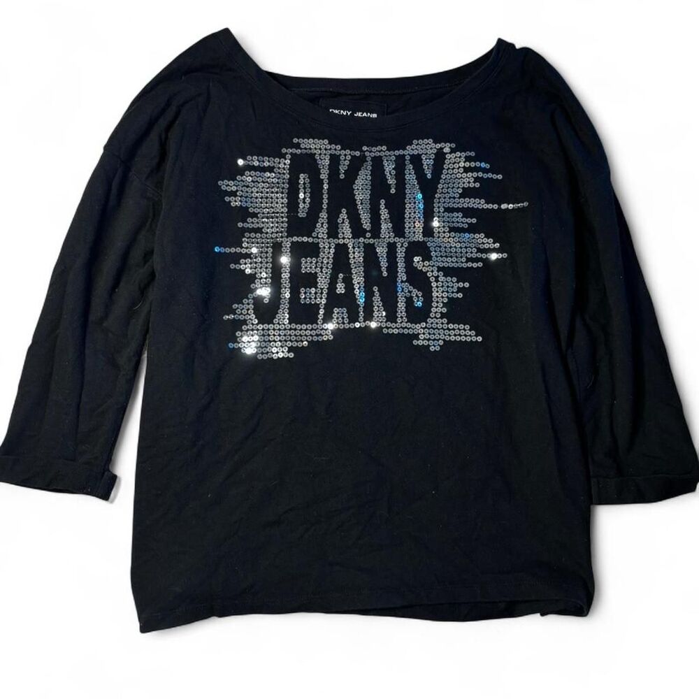 Vintage Y2K DKNY Jeans Black Sequin Logo Top Spellout 3/4‎ Sleeve Size M